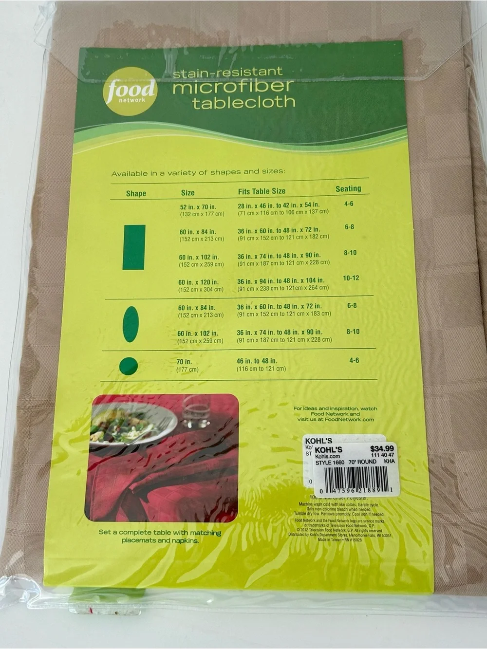 NEW- Beige Food Network Microfiber Floral Tablecloth 70” Round, square pattern